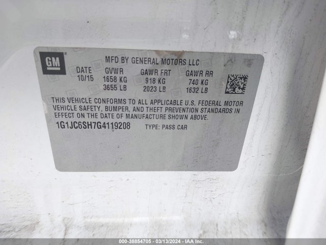 Chevrolet Sonic Lt Auto 2016 1G1JC6SH7G4119208 Image 9