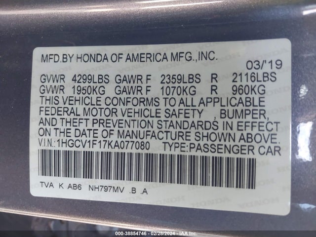 Honda ACCORD LX 2019 1HGCV1F17KA077080 Image 9
