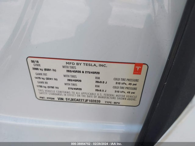 5YJXCAE27JF102839 Tesla Model X 100d/75d/p100d