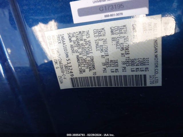 Nissan Titan Sv 4x4 2021 1N6AA1ED3MN513249 Image 9