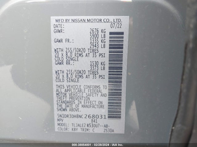 Nissan Pathfinder Platinum 2wd 2022 5N1DR3DH8NC268031 Image 9