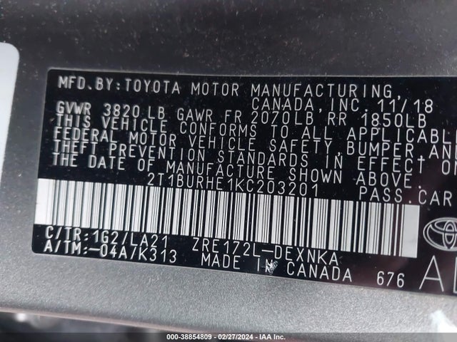 Toyota Corolla Xle 2019 2T1BURHE1KC203201 Image 9