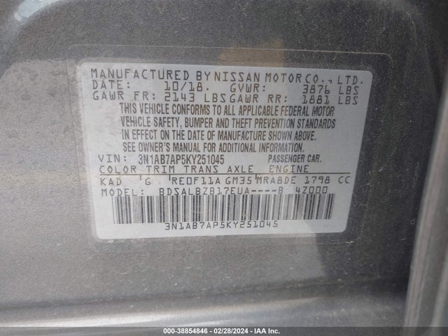 Nissan SENTRA S 2019 3N1AB7AP5KY251045 Image 9