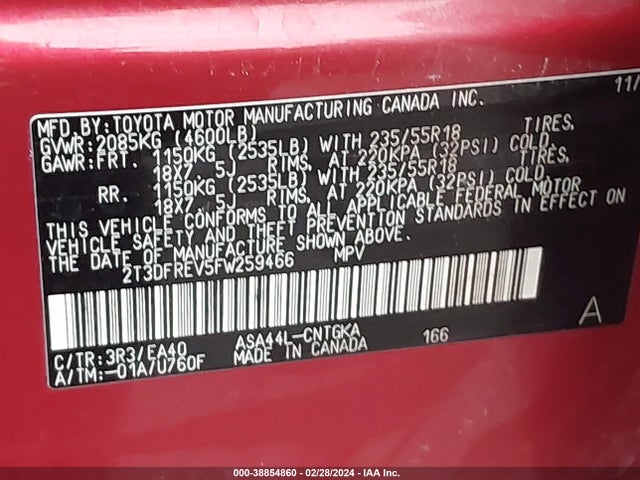 Toyota Rav4 Limited 2015 2T3DFREV5FW259466 Image 9