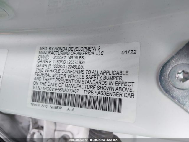 1HGCV3F56NA009467 Honda Accord Hybrid Ex-l