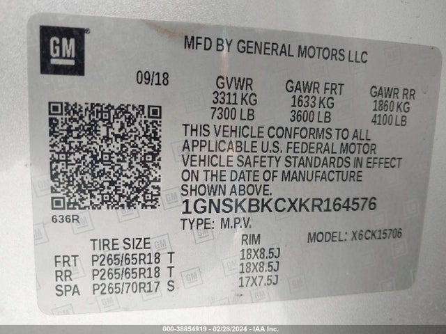 Chevrolet Tahoe Lt 2019 1GNSKBKCXKR164576 Image 9