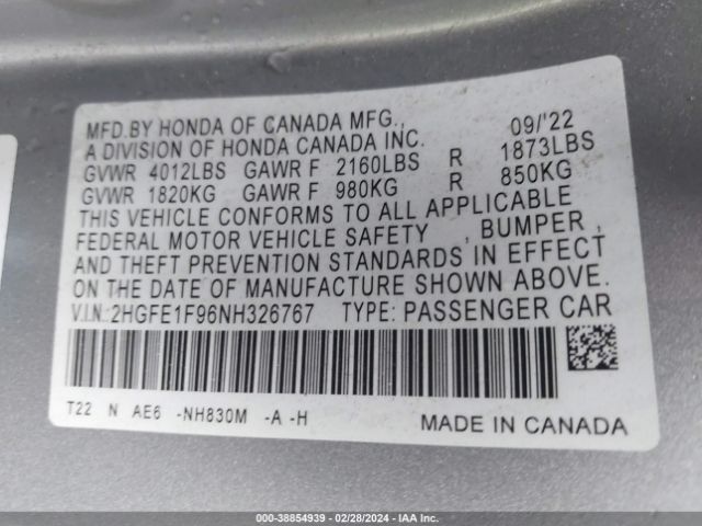 2HGFE1F96NH326767 Honda Civic Touring