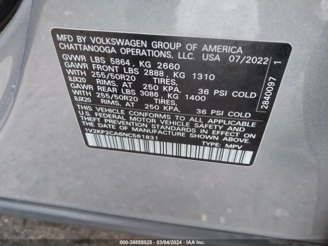1V2KP2CA6NC561831 Volkswagen Atlas 2.0t Se W/technology