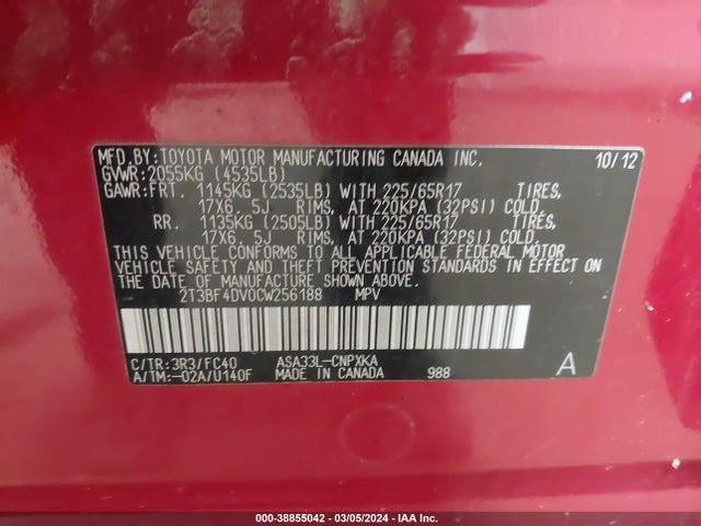 2012 TOYOTA RAV4 VIN: 2T3BF4DV0CW256188