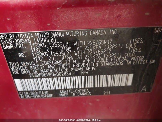 2013 TOYOTA RAV4 XLE VIN: 2T3RFREV9DW062836