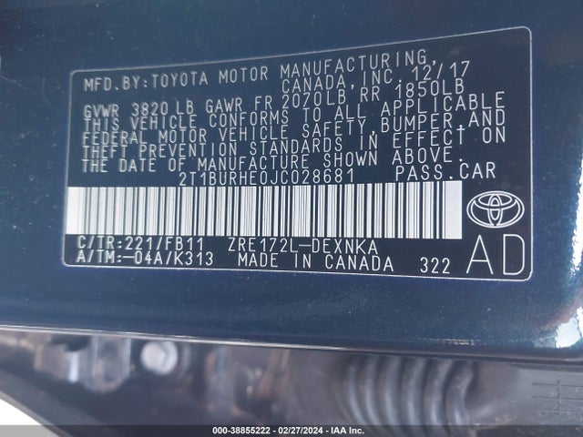 Toyota COROLLA LE 2018 2T1BURHE0JC028681 Image 9