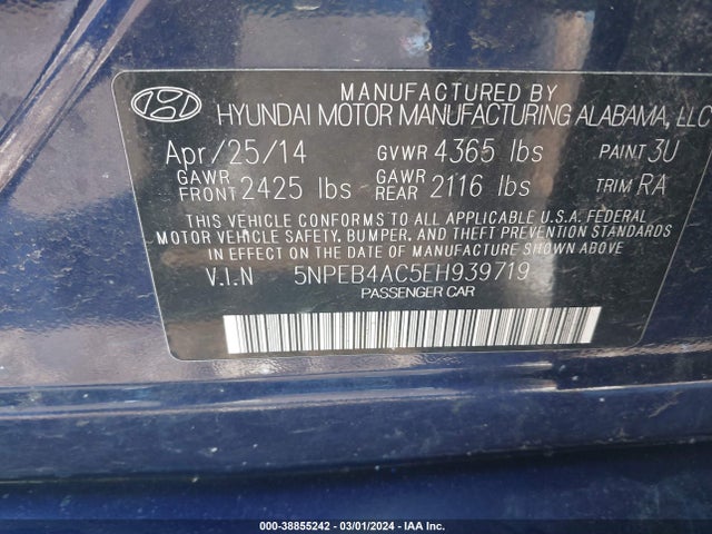 Hyundai SONATA GLS 2014 5NPEB4AC5EH939719 Image 9