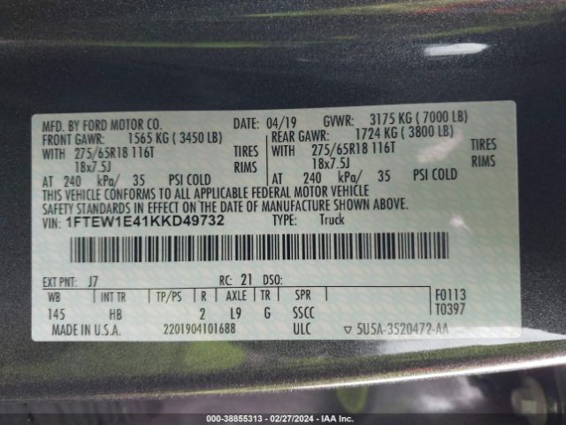 1FTEW1E41KKD49732 Ford F-150 Lariat