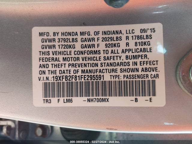 Honda CIVIC EX 2015 19XFB2F81FE295591 Image 9