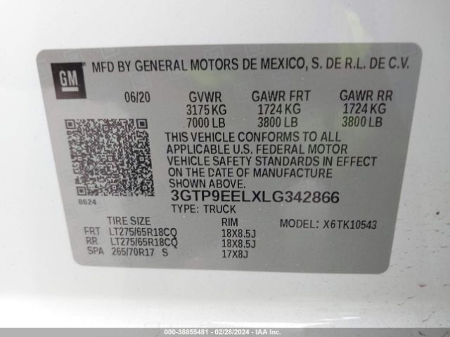 3GTP9EELXLG342866 GMC Sierra 1500 4wd  Short Box At4