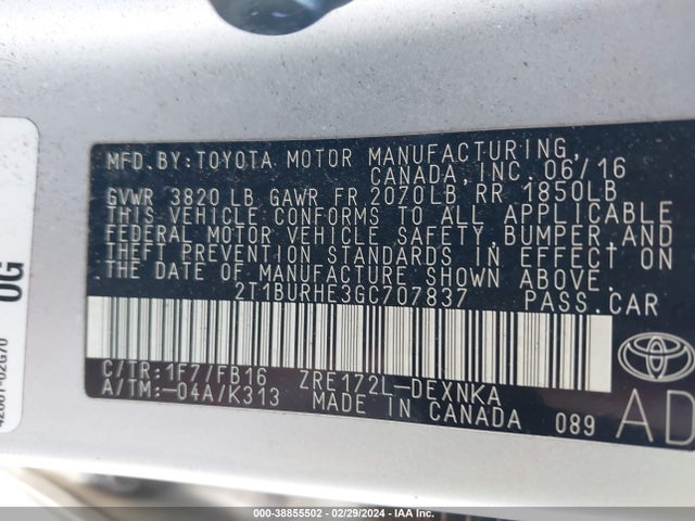 2016 TOYOTA COROLLA LE VIN: 2T1BURHE3GC707837