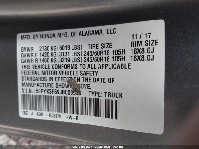 Honda Ridgeline Rtl-t 2018 5FPYK3F69JB009963 Image 9