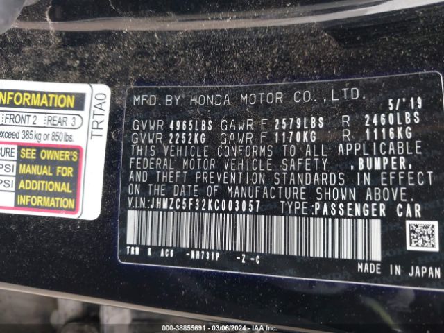 JHMZC5F32KC003057 Honda Clarity Plug-in Hybrid Touring
