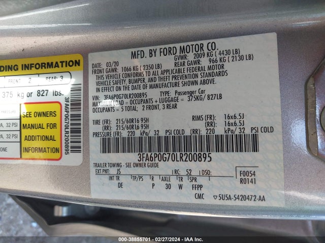 Ford FUSION S 2020 3FA6P0G70LR200895 Image 9