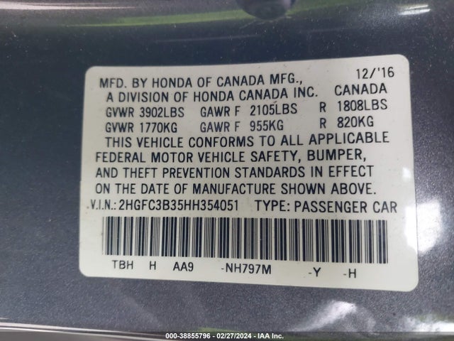 2017 HONDA CIVIC EX-T VIN: 2HGFC3B35HH354051