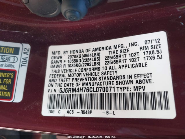 2012 HONDA CR-V EX-L VIN: 5J6RM4H76CL070071