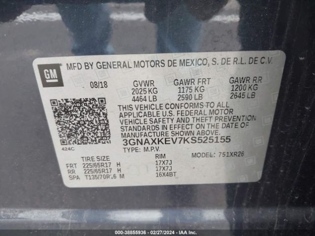 3GNAXKEV7KS525155 Chevrolet EQUINOX LT