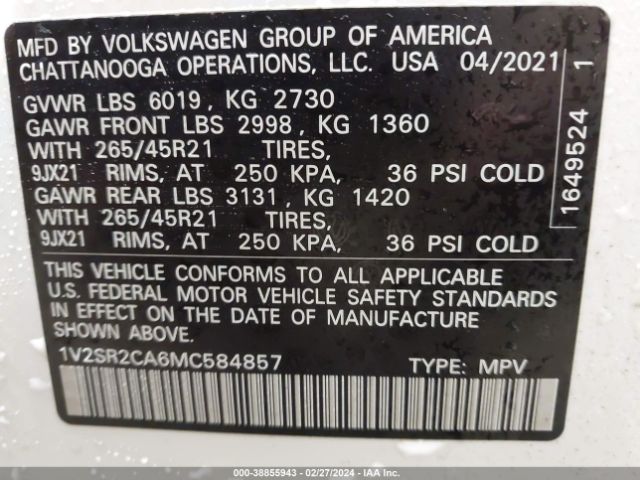 1V2SR2CA6MC584857 Volkswagen Atlas 3.6l V6 Sel R-line