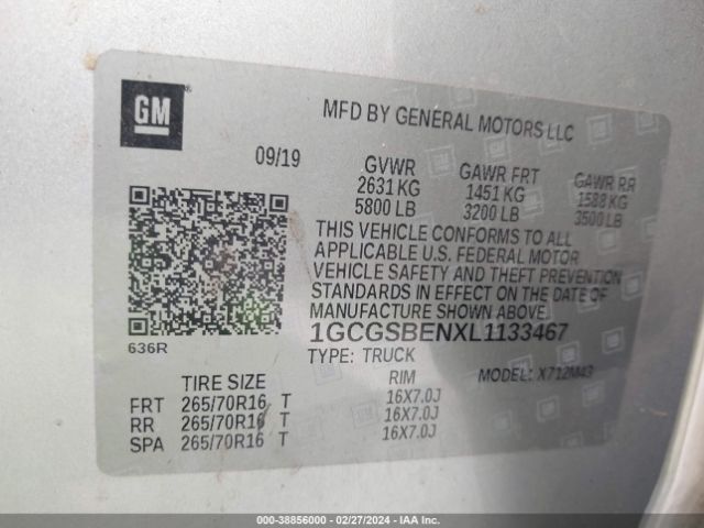 1GCGSBENXL1133467 Chevrolet Colorado 2wd  Short Box Wt