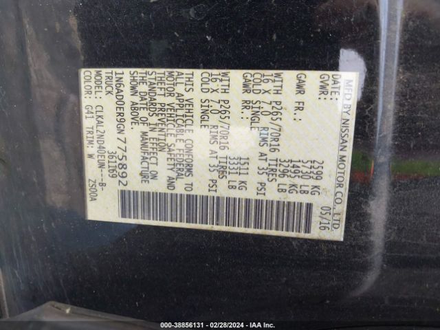 1N6AD0ER9GN775892 Nissan Frontier Sv