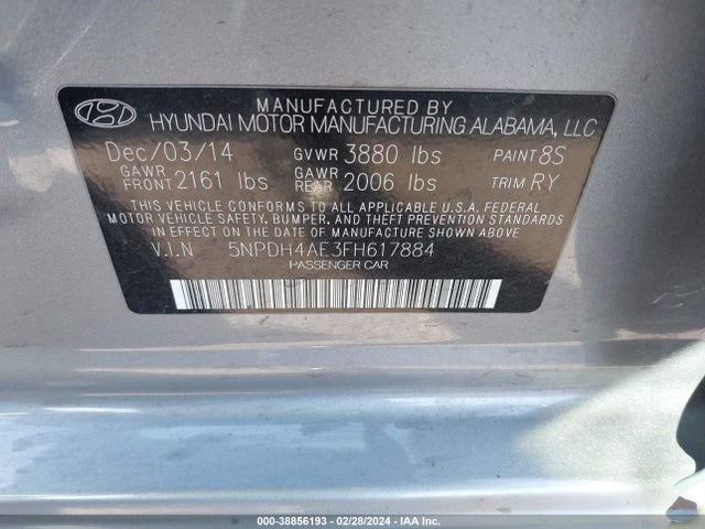 2015 HYUNDAI ELANTRA SE VIN: 5NPDH4AE3FH617884
