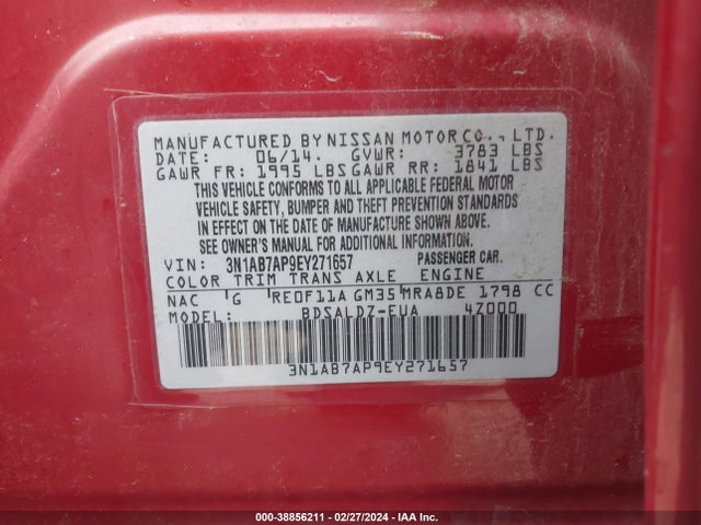 2014 NISSAN SENTRA FE+ S/FE+ SV/S/SL/SR/SV VIN: 3N1AB7AP9EY271657