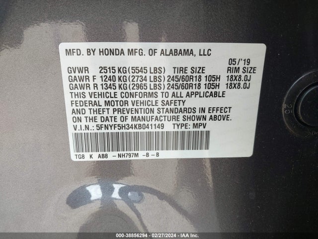 Honda Pilot Ex 2019 5FNYF5H34KB041149 Image 9