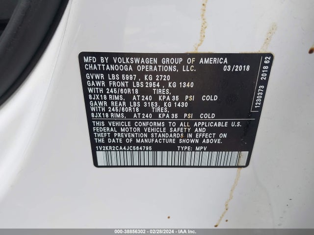 1V2KR2CA4JC564795 Volkswagen Atlas 3.6l V6 Se