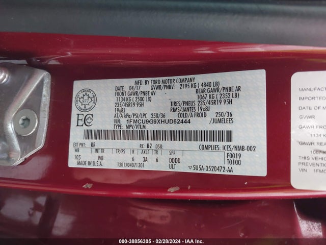 Ford ESCAPE SE 2017 1FMCU9G9XHUD62444 Image 9