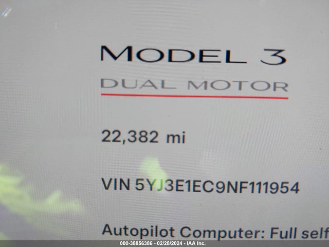 5YJ3E1EC9NF111954 Tesla Model 3 Performance Dual Motor All-wheel Drive