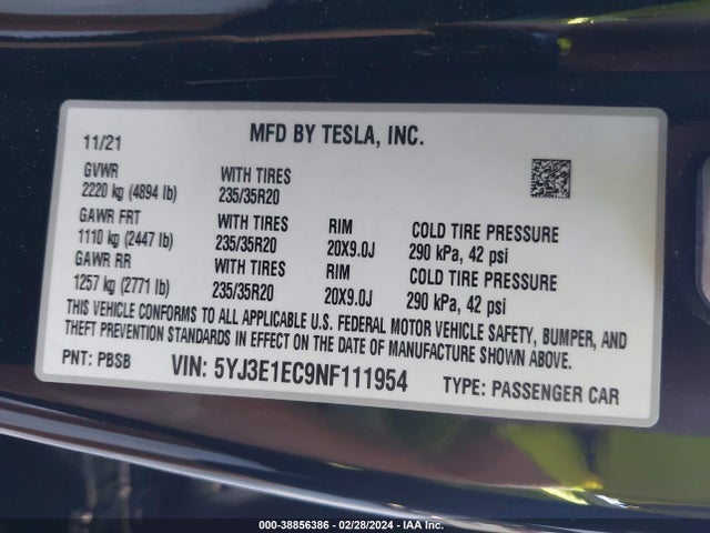 5YJ3E1EC9NF111954 Tesla Model 3 Performance Dual Motor All-wheel Drive