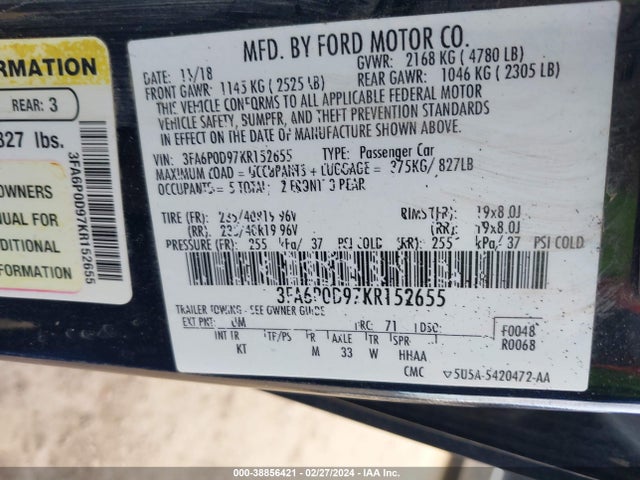 Ford Fusion Titanium 2019 3FA6P0D97KR152655 Image 9