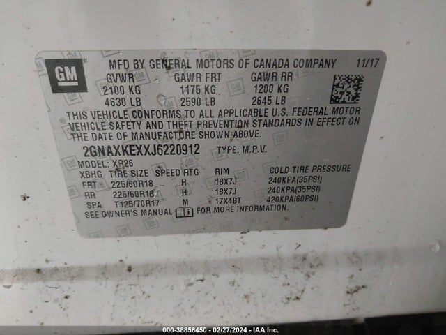 Chevrolet EQUINOX LT 2018 2GNAXKEXXJ6220912 Image 9