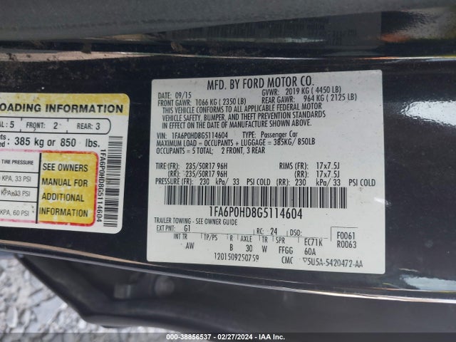 Ford FUSION SE 2016 1FA6P0HD8G5114604 Image 9