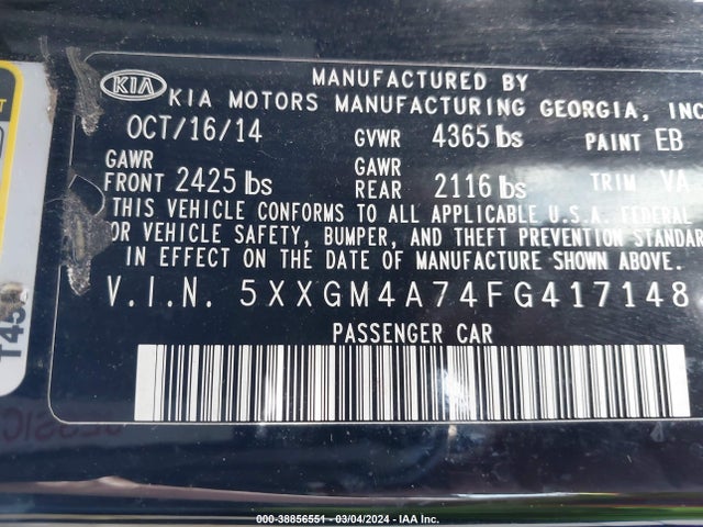 KIA Optima Lx 2015 5XXGM4A74FG417148 Image 9