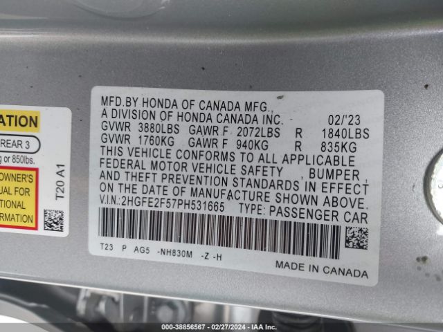 2HGFE2F57PH531665 Honda Civic Sport