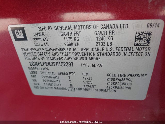 Chevrolet EQUINOX 1LT 2015 2GNFLFEK2F6152397 Image 9
