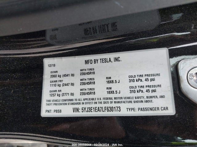5YJ3E1EA7LF630173 Tesla Model 3 Standard Range Plus Rear-wheel Drive/standard Range Rear-wheel Drive