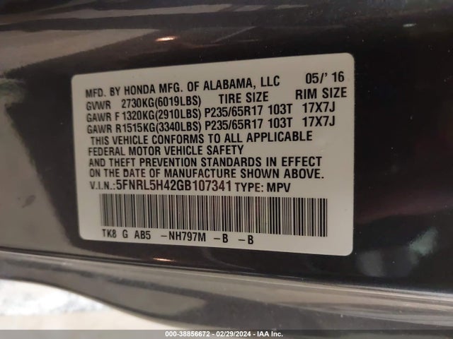 Honda ODYSSEY EX 2016 5FNRL5H42GB107341 Image 9