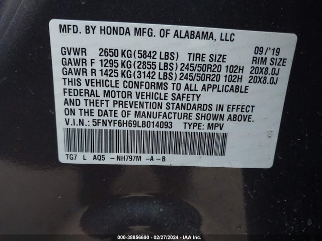Honda Pilot Awd Touring 7 Passenger 2020 5FNYF6H69LB014093 Image 9
