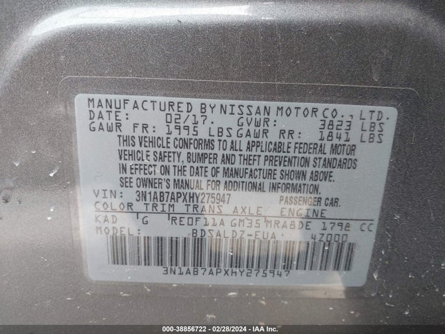 Nissan SENTRA SV 2017 3N1AB7APXHY275947 Image 9