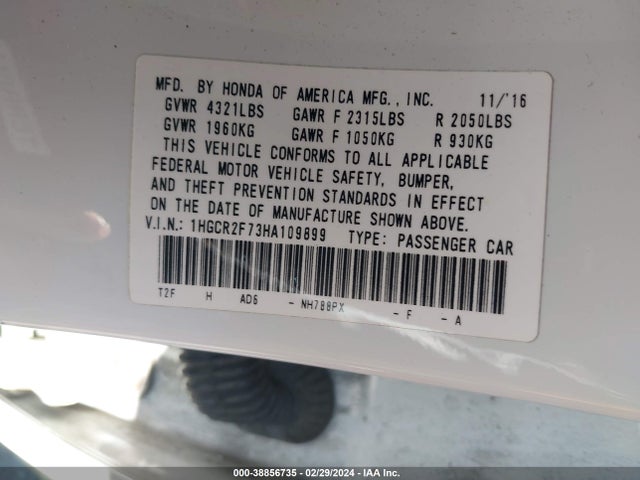 Honda ACCORD EX 2017 1HGCR2F73HA109899 Image 9