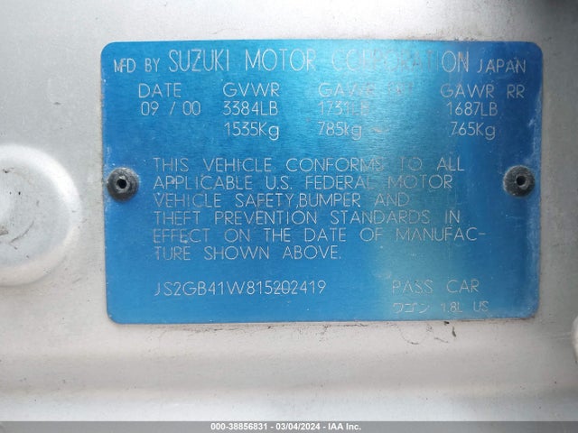2001 SUZUKI ESTEEM GL/GLX/GLX+ VIN: JS2GB41W815202419
