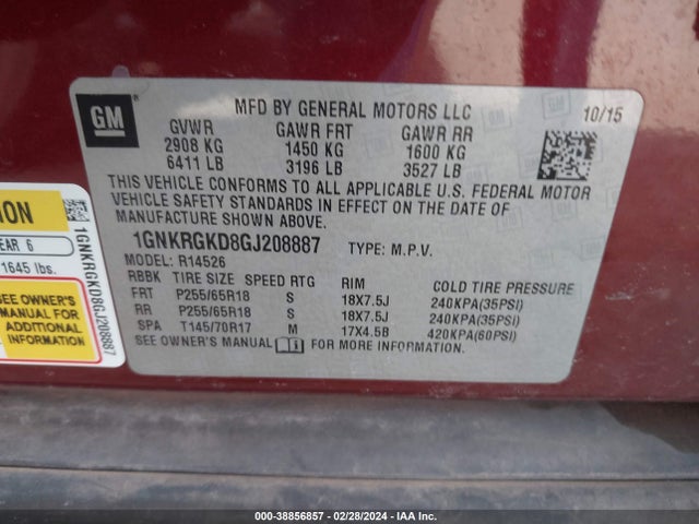 Chevrolet Traverse 1lt 2016 1GNKRGKD8GJ208887 Image 9