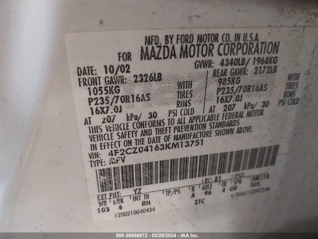 2003 MAZDA TRIBUTE LX V6 VIN: 4F2CZ04163KM13751
